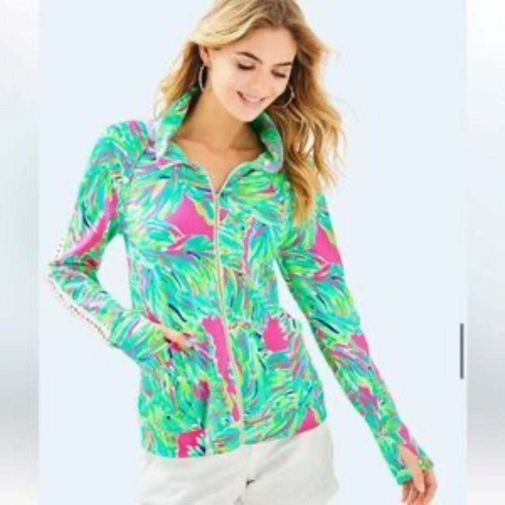 EUC Lilly Pulitzer Brigantine Full Zip Up Raz Berry Shady Lady Crochet Sleeve XL